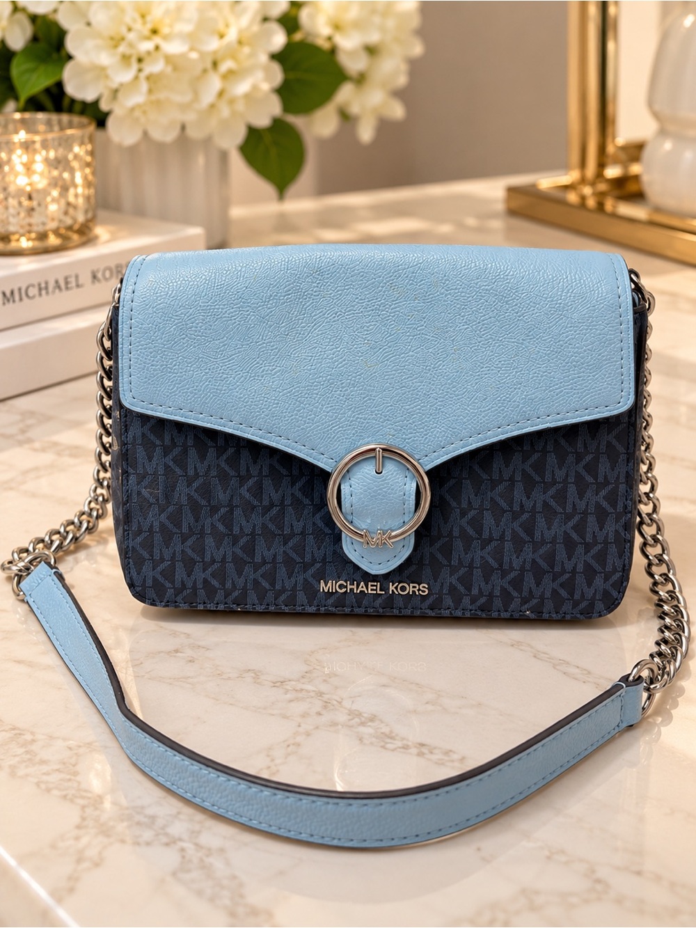 Michael Kors Sky Blue and Navy Signature MK Crossbody